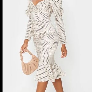 Nude Polka Dot Puff Sleeve Ruched Detail Frill Hem Midi Dress